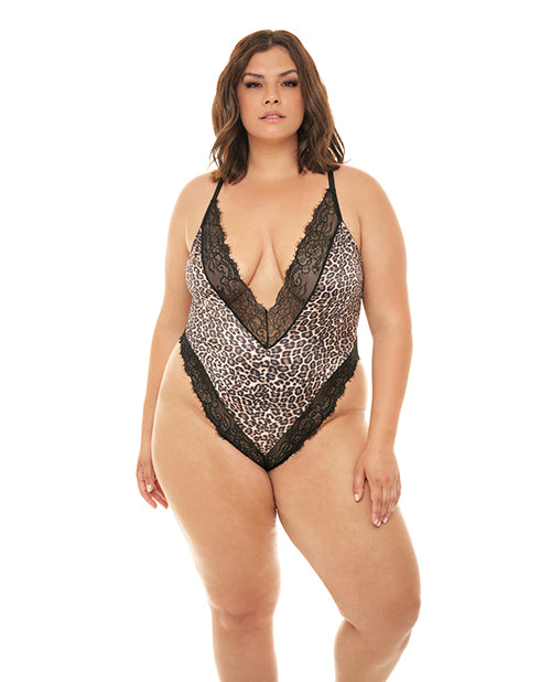 Jolene Satin Teddy w/Plunging Neckline Leopard/Black